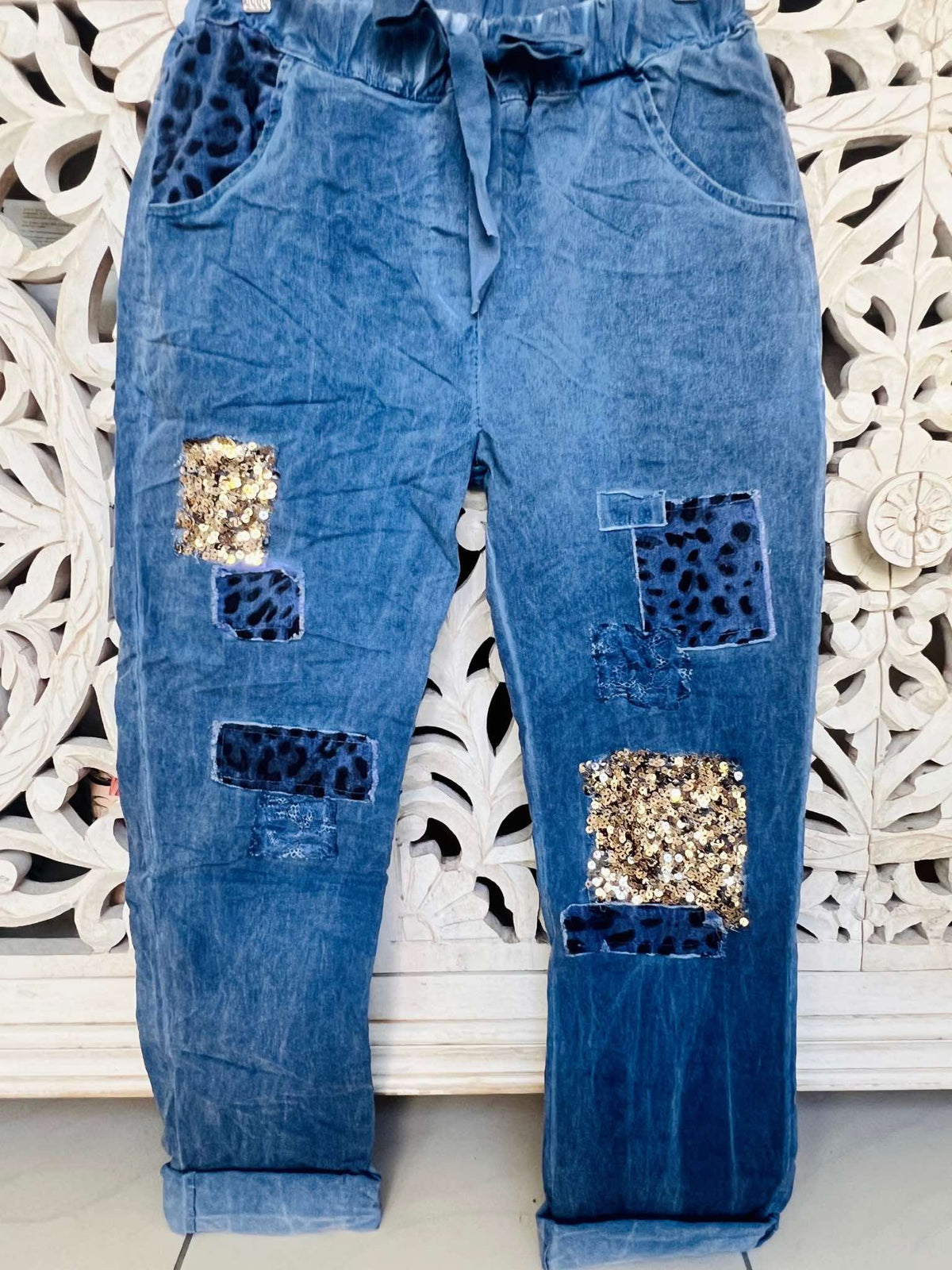 Denim Animal Print Patch Pants