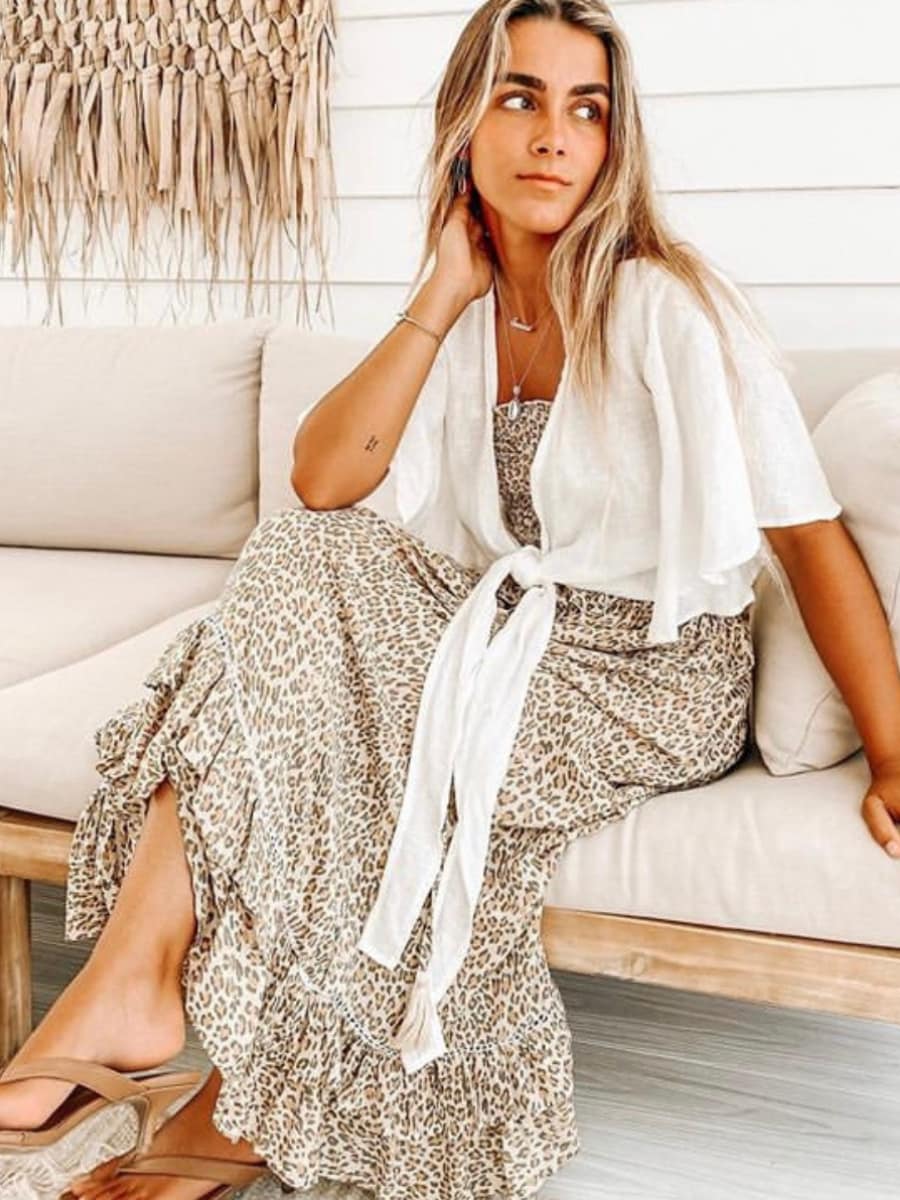 Leopard Nomad Skirt: leopard-print maxi with ruched elastic waistband, button-down front, tassel ties, floaty hem.