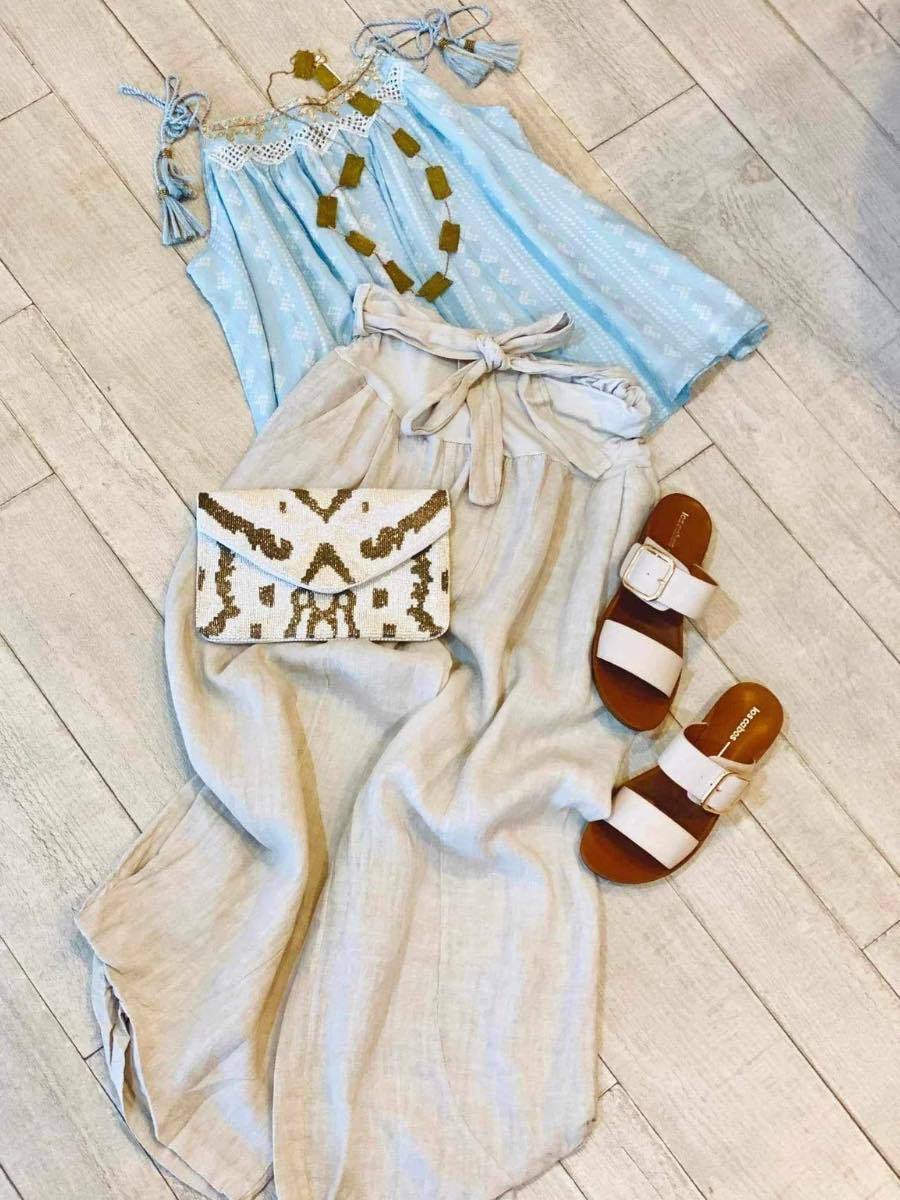 Elastic Waist Linen Pants with belt tie