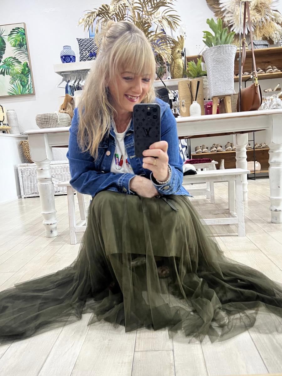 Khaki Waterfall Tulle Skirt